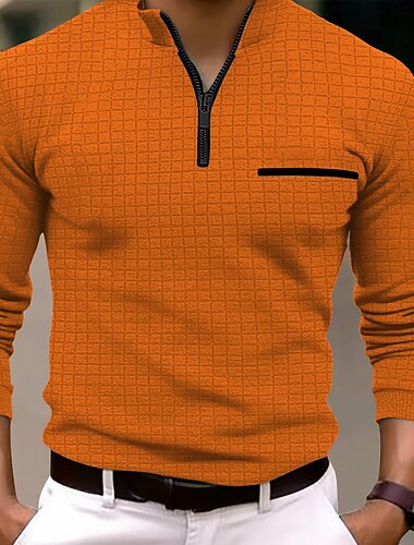  Муж. Вафельная рубашка поло Pullover Для занятий спортом На каждый день Четверть молния Длинный рукав Мода Удобный Контрастных цветов Карман Застегнуться Весна & осень Стандартный