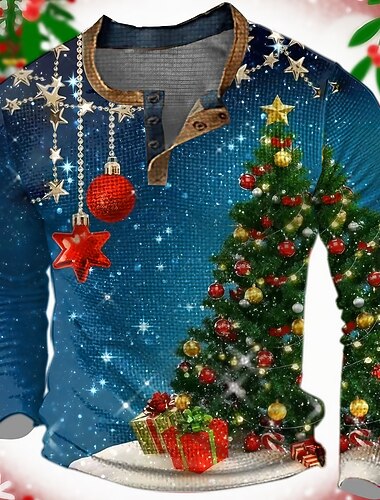  Vánoce Pánské Grafika Vánoční stromek Tričko Tričko Henley Waffle Tričko Dlouhý rukáv tričko 3D tisk Henley Košile Módní Designové Na běžné nošení Outdoorové sporty Dovolená Festival Vodní modr