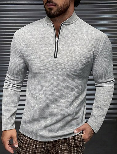  Per uomo Maglietta Waffle Camicia a nido d'ape Maglietta T-shirt con cerniera a un quarto solido Manica Lunga Zip a un quarto Primavera & Autunno Semplice Moda Designer Essenziale Vacanza Streetwear
