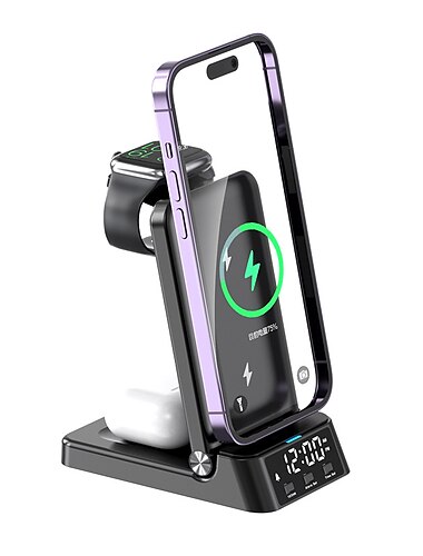  Töltő állomás 25 W Kimenő teljesítmény Vezeték nélküli töltőállomás 4 az 1-ben Több eszközhöz Biztonsági védelem Kompatibilitás Apple Watch Mobiltelefon Okos karóra