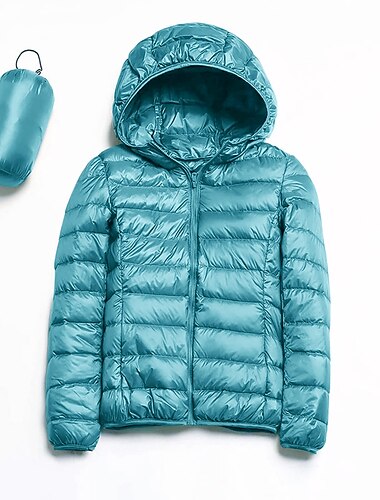  Damen-Pufferjacke mit Kapuze, Daunenjacke zum Wandern, Winter, Outdoor, thermisch, warm, verstaubar, wasserdicht, winddicht, Oberteil, durchgehender, sichtbarer Reißverschluss, Angeln, Camping,