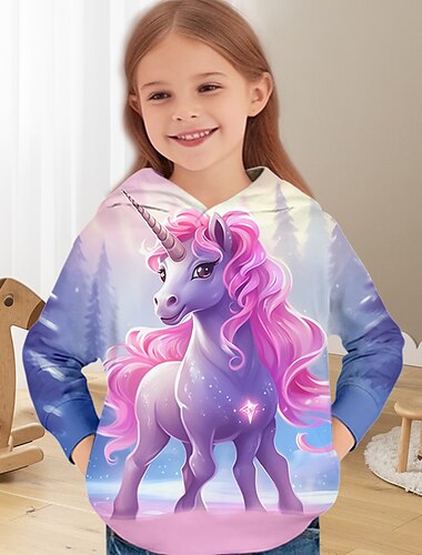  Девочки 3D единорогом Толстовка Pullover Длинный рукав 3D печать Осень Зима Активный Мода Симпатичные Стиль Дети 3-12 лет на открытом воздухе Повседневные Стандартный