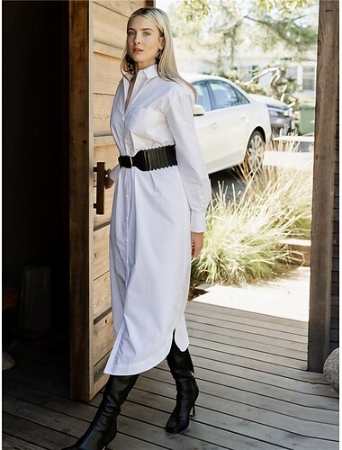  Camisa feminina vestido maxi vestido de algodão branco essencial casual manga comprida colarinho botão para baixo