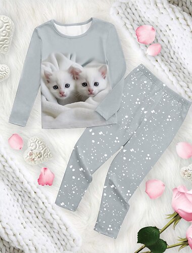  Mädchen 3D Katze Pyjama-Sets Rosa Langarm 3D-Druck Herbst Winter Aktiv Modisch Kuschelig kinderkleidung 3-12 Jahre Rundhalsausschnitt Heim Normal Innen Regular Fit