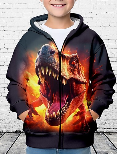  Para Meninos 3D Dinossauro Moletom Casaco Casacos Manga Longa Impressão 3D Outono Inverno Moda Roupa de rua Legal Infantil 3-12 anos Ao ar livre Casual Diário Normal