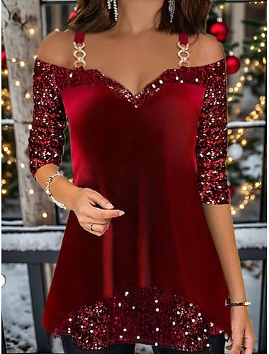 Damen T Shirt Funkelnd Fest / Feiertage Langarm V Ausschnitt Normale Oberteile Party Wochenende Pailletten Schwarz Rote Blau Purpur Frühling & Herbst   Damen T Shirt Funkelnd Fest / Feiertage Langarm V Ausschnitt Normale Oberteile Party Wochenende Pailletten Schwarz Rote Blau Purpur Frühling & Herbst