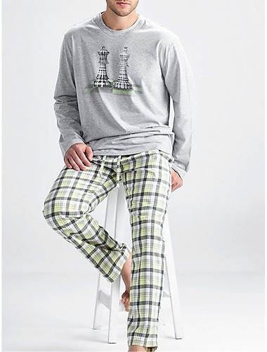  Herren Hausanzug Schlafanzüge Schlafanzug Set Pyjama-Oberteil und Hose 2 Stück Plaid Grafik-Drucke Stilvoll Brautkleider schlicht Komfort Heim Täglich Bett Polyester Komfort Weich Rundhalsausschnitt