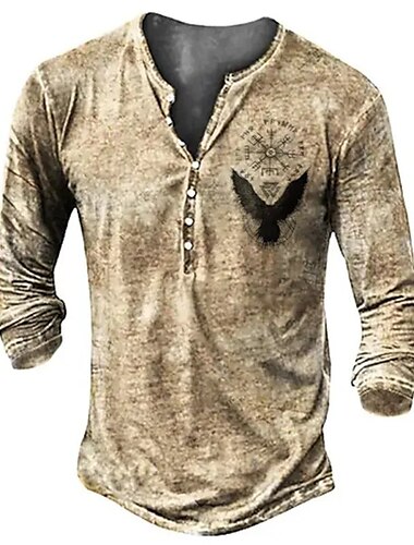  Herren Graphic Vikinger Henley Shirt Langarm 3D-Druck Täglich Brautkleider schlicht Vintage-Retro Casual Festtage Ausgehen Frühling & Herbst Khaki Henley Henley T-Shirt