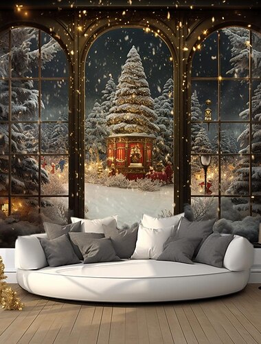  julepynt juletre vinter hengende billedvev veggkunst xmas stor billedvev veggmaleri dekor fotografi bakteppe teppe gardin hjem soverom stue dekorasjon snø vindu utsikt