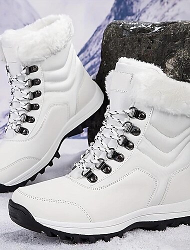  Botas de nieve de invierno blancas para mujer con forro de piel sintética y diseño con cordones: calzado impermeable y aislante para climas fríos