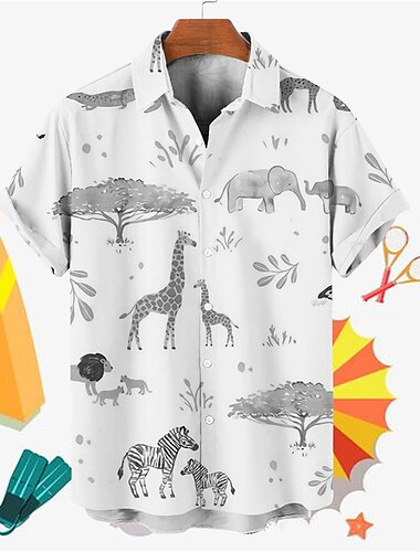  Herren Tier Baum Giraffe Hemd Hawaiihemd Sommerhemd Aloha-Shirt Kurze Ärmel Hemd Umlegekragen Tropisch Modisch Hawaiianisch Strasse Casual Hawaiianisch Gelb Blau Grau S M L