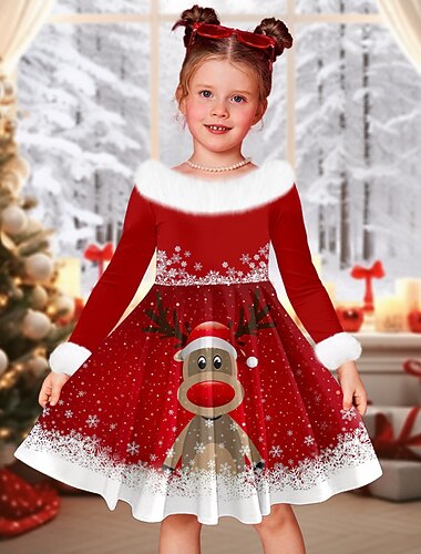  Navidad Girls ' 3D Cada Muñeco de Nieve Copo Vestido de Navidad Vestido Vestido de copo de nieve Manga Larga Impresión 3D Otoño Invierno Deporte Diario Festivos Estilo lindo Casual Hermosa Niños 3-12