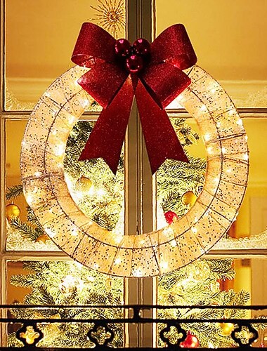  LEDライトレッドリボン人工花輪付きクリスマスフロントドアハンギングガーランド、クリスマス装飾
