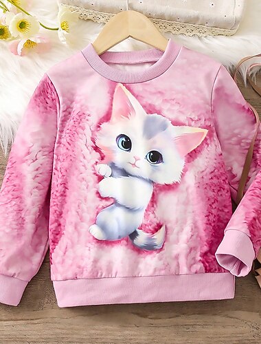  בנות תלת מימד חתול טרנינג Pullover ורוד שרוול ארוך הדפסת תלת מימד סתיו חורף אופנתי סגנון רחוב מקסים ילדים 3-12 שנים צווארון עגול קצר בָּחוּץ קזו'אל יומי רגיל