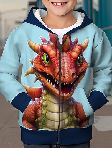  Para Meninos 3D Dinossauro Moletom Casaco Casacos Manga Longa Impressão 3D Outono Inverno Moda Roupa de rua Legal Poliéster Infantil 3-12 anos Ao ar livre Casual Diário Normal