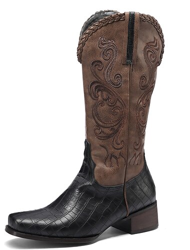  Western-Cowboystiefel für Herren – braunes Kunstleder mit gestickten Mustern und Krokodilstruktur für den Vintage-Stil