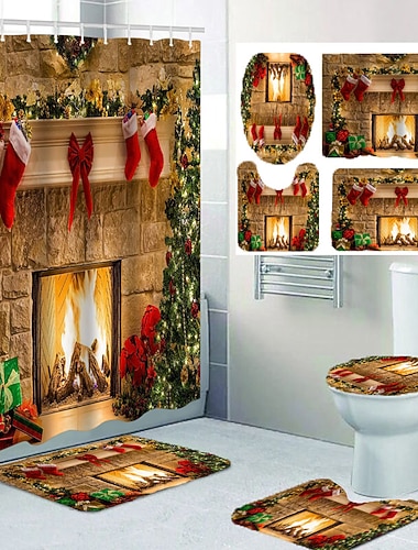  Ensemble de rideaux de douche de Noël 4 pièces, ensembles de salle de bain, décoration de salle de bain moderne avec tapis de bain en forme de U et tapis de couverture d'abattant de toilette et 12 crochets