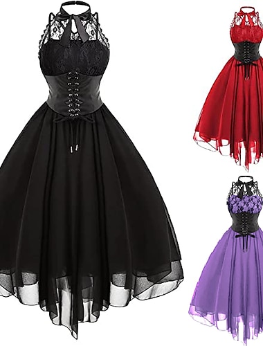 Ärmelloses Gothic-Kleid für Damen mit Korsett, Neckholder, Spitze, Swing, Cocktailkleid, Tüllkleid, formell, lässig, Halloween, Punk, Hippie-Kleider