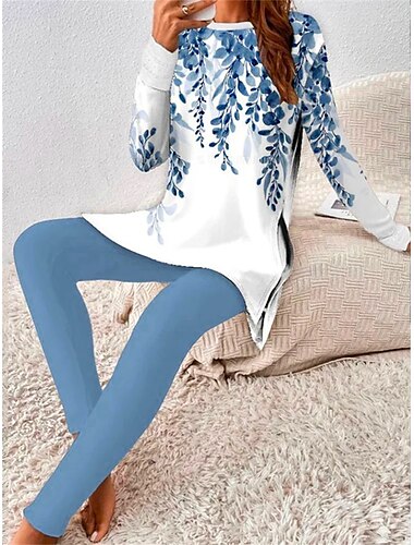  Mujer Camiseta Conjuntos de pantalones Graphic Casual Diario Estampado Azul Marino Manga Larga Moda Escote Redondo Primavera & Otoño
