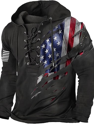  Hombre Bandera estadounidense de los Estados Unidos Sudadera Sudaderas Sudadera Manga Larga Sudadera con capucha Con Capucha Moda Impresión 3D Vacaciones Noche Ropa de calle Gris oscuro Negro
