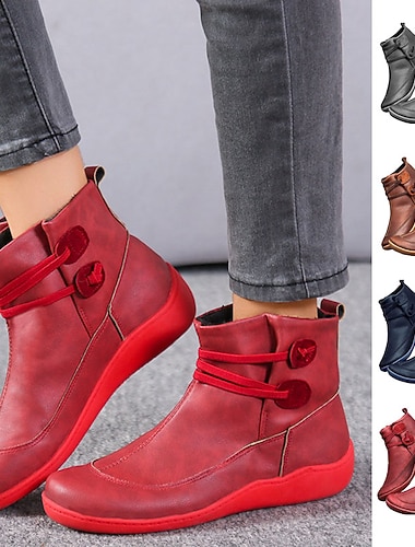 Botas femininas casuais vermelhas – botas rasas de couro sintético macio, forradas e quentes com tira ajustável para caminhadas, viagens e roupas de inverno   Botas femininas casuais vermelhas – botas rasas de couro sintético macio, forradas e quentes com tira ajustável para caminhadas, viagens e roupas de inverno