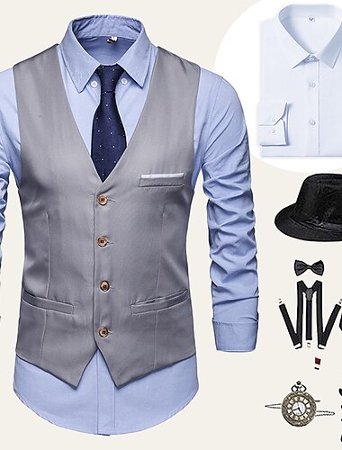  Retro Vintage Roaring 20s 1920s Outfits Shirt Waistcoat Gentleman Gangster Solid Color Normal Men's Halloween Carnival New Year Party / Evening Prom Bachelorette Party Adults' Vest Shirt Bow All