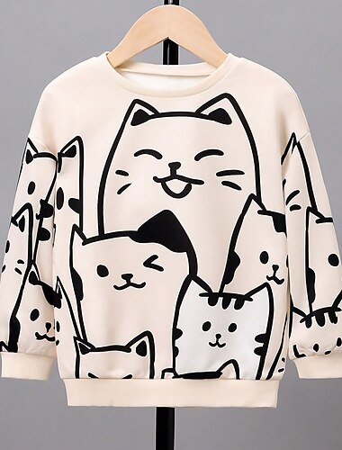  女の子 3D 猫 スウェットシャツ Pullover 長袖 3Dプリント 秋 冬 ファッション ストリートファッション 愛らしい 子供 3〜12年 クルーネック アウトドア カジュアル 日常 レギュラー
