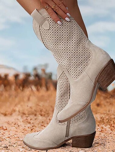  女性用パンチングスエードウエスタンカウボーイブーツ - タンミッドカーフ通気性夏スタイル