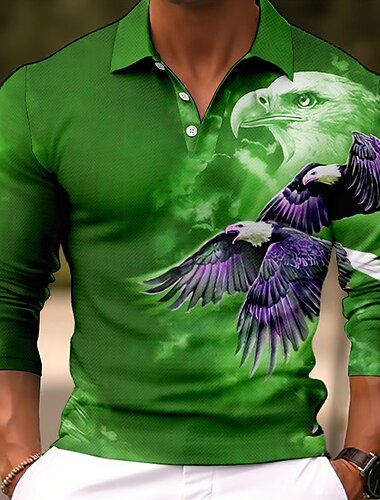  Herren Adler Poloshirts Golfshirt Langarm Polo-Shirts Hemden mit Kragen Lässig Lustig Streetwear Urlaubskleidung Party-Outfits Knöpfe 3D-Druck Wein Blau-Grün Blau