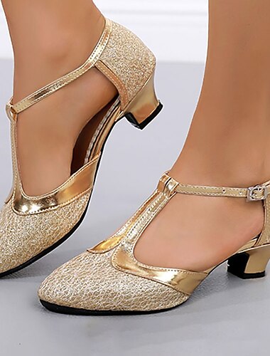  Damen-Tanzschuhe mit goldenem Glitzer und T-Riemen, niedrige und mittelhohe Absätze, Ballsaal-Lateinamerika-Performance-Absätze für Salsa und Tango