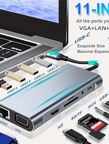  محور USB C محول USB C 11 في 1 دونجل مع 4K HD VGA نوع C PD USB3.0 إيثرنت قارئ بطاقة SD/TF 3.5 مم محطة إرساء AUX متوافقة مع Macbook Pro/Air نوع C آخر لأجهزة الكمبيوتر المحمولة - 100 متر