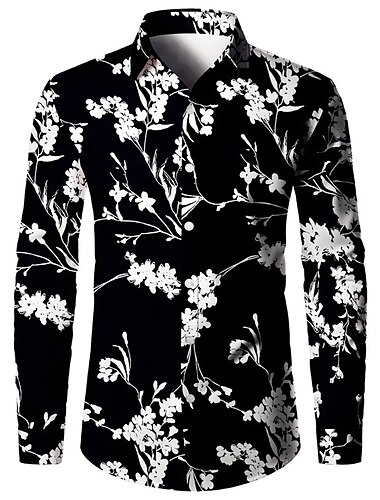  Herre Blomstret Skjorte Button Up skjorte Langærmet Afslappet udendørs Gade Afslappet / Hverdag Efterår vinter Aftæpning Knapper Trykt mønster Sort Hvid Gul