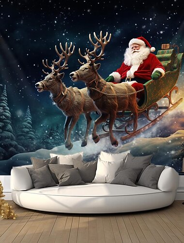  クリスマスの飾り、サンタ、トナカイ、そり、吊り下げタペストリー、壁アート、クリスマス、大きなタペストリー、壁画、装飾、写真、背景、ブランケット、カーテン、自宅、寝室、リビングルームの装飾