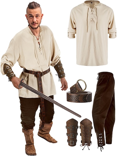  Rétro Vintage Epoque Médiévale Renaissance Pantalon Tenue Ceinture de Tour de Taille Chemise Protège-bras Pirate Viking Ranger Homme Halloween Carnaval Utilisation Mascarade Chemise