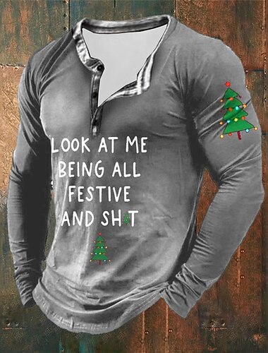  jul menns morsom jul henley t-skjorte grafisk bokstavtre mote daglig uformell 3d-utskrift henley uformell ferie gå ut svart rød &amp; hvit grønn langermet henley spring &amp;  høst klær