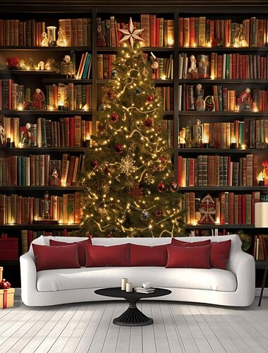  クリスマスの飾り ツリー 本棚 吊り下げタペストリー 壁アート クリスマス 大きなタペストリー 壁画 装飾 写真 背景 ブランケット カーテン 自宅 寝室 リビングルーム 装飾