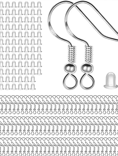 Ohrringhaken aus Sterlingsilber, 100 Stück/50 Paar, Ohrhaken, Fischhaken, hypoallergene Schmuckteile mit 100 Stück transparenten Silikon-Ohrringverschlüssen