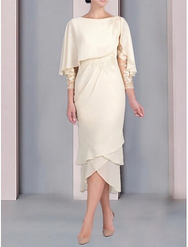  Strandbröllop Skapelse Mor till bruden Klänning Bröllopsgäst Elegant Petit Scoop Neck Tealängd Chiffon 3/4-lång ärm med spetslagerapplikationer 2025 gratis anpassad storlek