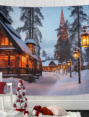  Weihnachtsdekorationen Winter Wunderland hängen Wandteppich Wandkunst Weihnachten große Wandteppich Wandbild Dekor Fotografie Hintergrund Decke Vorhang Haus Schlafzimmer Wohnzimmer Dekoration weißen