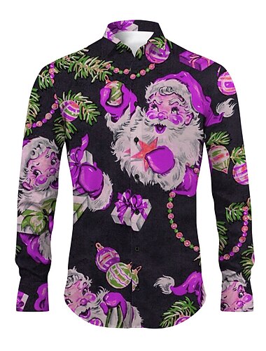 natale uomo babbo natale camicie stampate babbo natale casual manica lunga abbigliamento quotidiano uscite autunno&amp;stampa invernale turndown abbottonatura giallo rosso viola verde tessuto