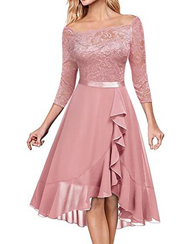  Damen abendkleider Spitzenkleid Kleid für Hochzeitsgäste Midikleid Rosa Purpur Dunkelblau Halbe Ärmel Einfarbig Spitze Frühling Herbst Winter Rundhalsausschnitt Modisch winterkleider damen kleid