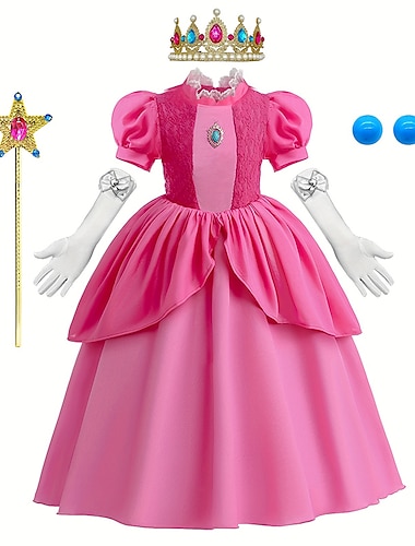  Super Mario Bros Prinsesse Fersken Kjoler Handsker Krone Mønster kjole Cosplay kostume Film Cosplay for Pige Børne Barnets Dag Maskerade