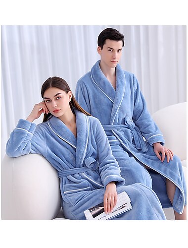  カップルのフランネルバスローブパジャマパッチワーク暖かいシンプルなぬいぐるみホームベッド暖かい通気性のあるvワイヤー長袖ポケット秋冬
