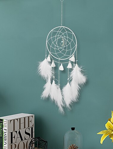  1pc capteur de rêves fait à la main cadeau plume crochet motif de lune carillon éolien avec un cercles ornement tenture murale décor art boho style sans lumière