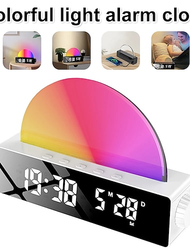 Sunrise Alarm Clock Simulate Sunrise Natural Wake Up Light Alarm Clock 10 Kinds Of Colorful Lights Adjustable LED Digital Alarm Clock Suitable For Heavy Sleepers Adults Children
