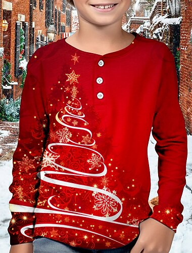  Jul Gutt 3D Juletre Snøfnugg henley skjorte Langermet 3D-utskrift Høst Vinter Sport Mote Gatemote Polyester Barn 3-12 år Crew-hals utendørs Avslappet Daglig Normal
