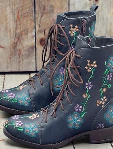  Damen-Stiefeletten mit Vintage-Blumenstickerei und Schnürung - Lederstiefel im Bohème-Stil mit seitlichem Reißverschluss für Herbst und Winter