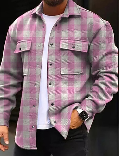  Per uomo A quadri Geometrica Camicia Giacca da camicia Sovracamicia Manica lunga Informale Esterno Strada Casual / quotidiano Autunno inverno Collo ripiegabile Bottoni Tasche Stampa Rosa