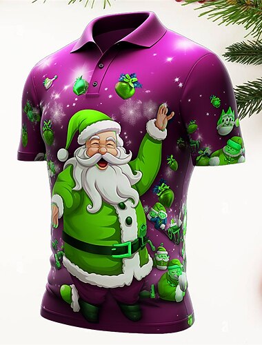  christmas julenissen menn fritidstrykk 3d golf polo utendørs daglig slitasje streetwear polyester kortermet turndown polo skjorter blå lilla høst/høst s m l jakkeslag polo