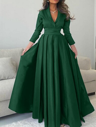  Атласное вечернее платье трапециевидного силуэта, зеленое элегантное платье, торжественное платье цвета шампанского, красно-зеленое платье длиной до пола, с рукавами 3/4, v-образным вырезом и